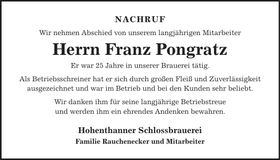 Traueranzeige Franz Pongratz