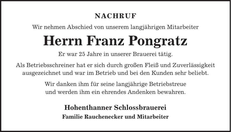 Traueranzeige Franz Pongratz