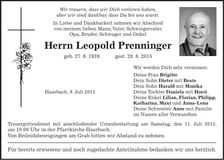 Traueranzeige Leopold Prenninger