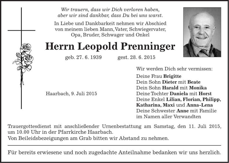 Traueranzeige Leopold Prenninger