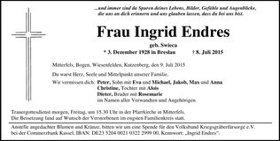 Traueranzeige Ingrid Endres
