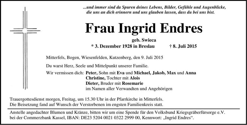 Traueranzeige Ingrid Endres