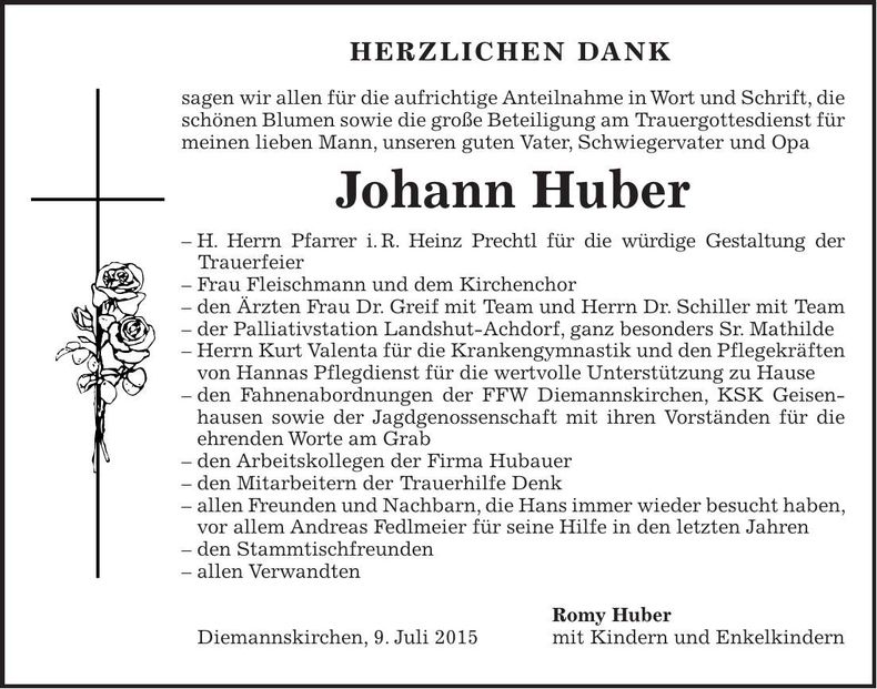 Traueranzeige Johann Huber