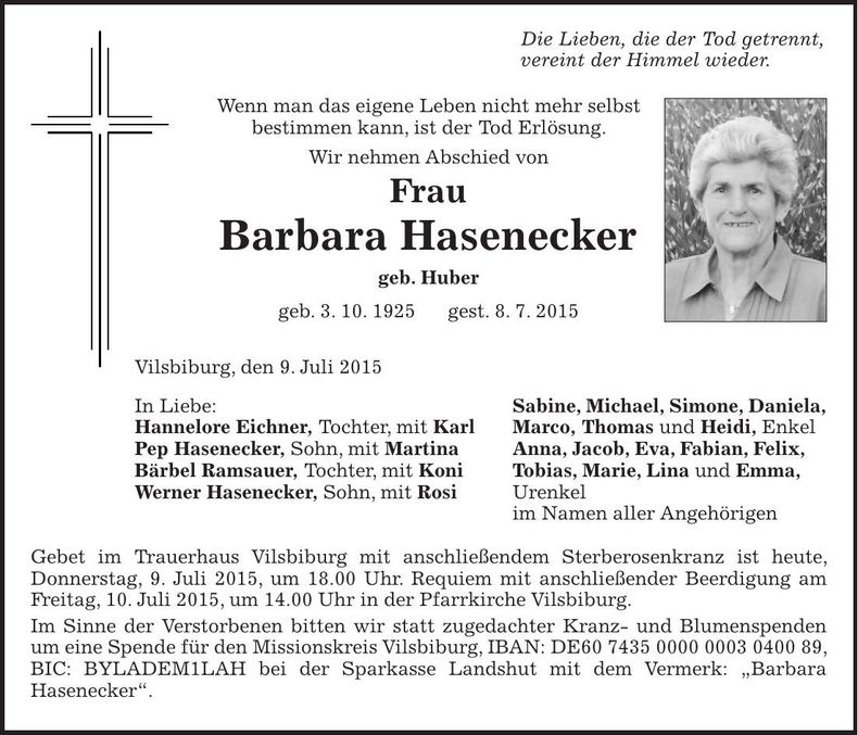 Traueranzeige Barbara Hasenecker