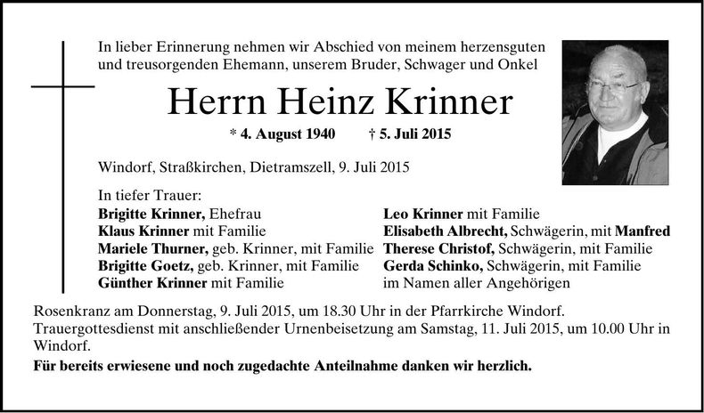 Traueranzeige Heinz Krinner