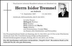 Traueranzeige Isidor Tremmel