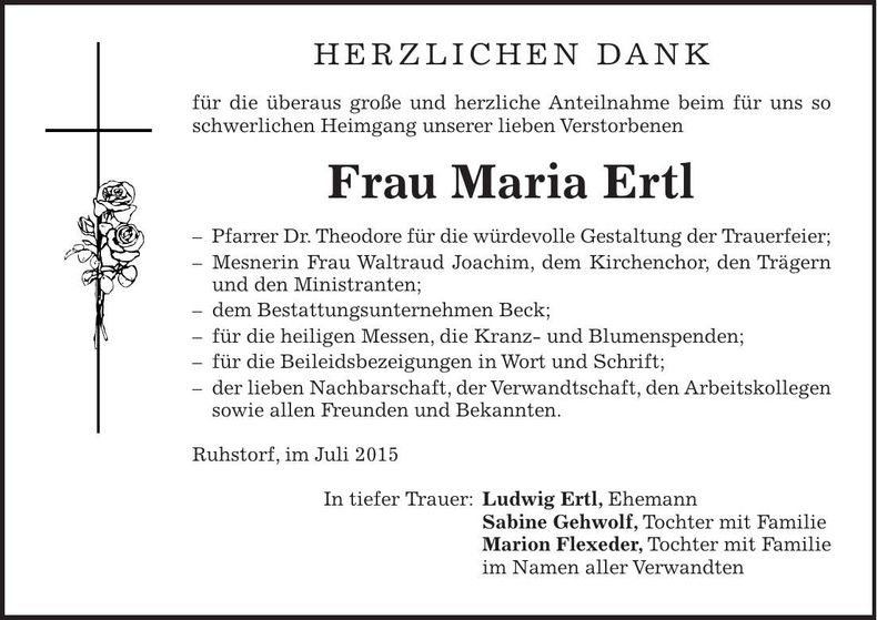Traueranzeige Maria Ertl