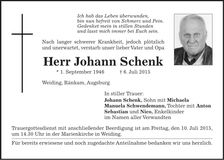 Traueranzeige Johann Schenk