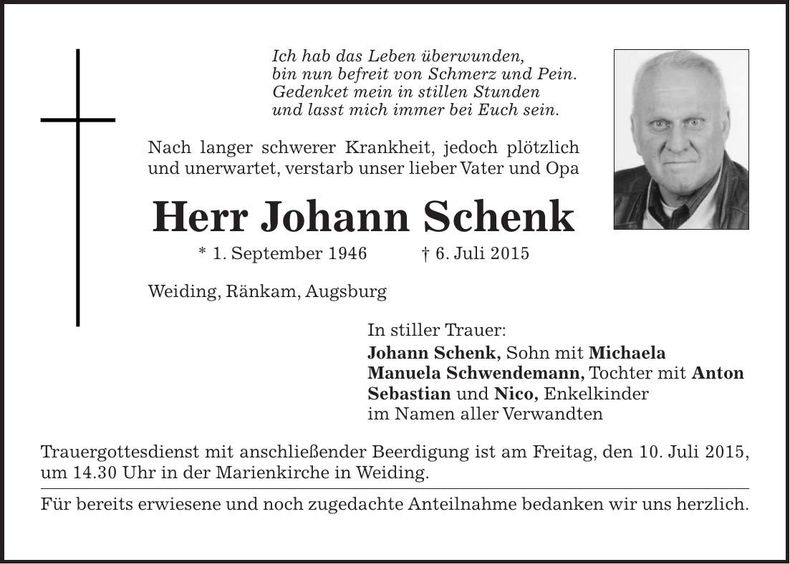 Traueranzeige Johann Schenk