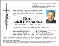 Traueranzeige Adolf Hetzenecker
