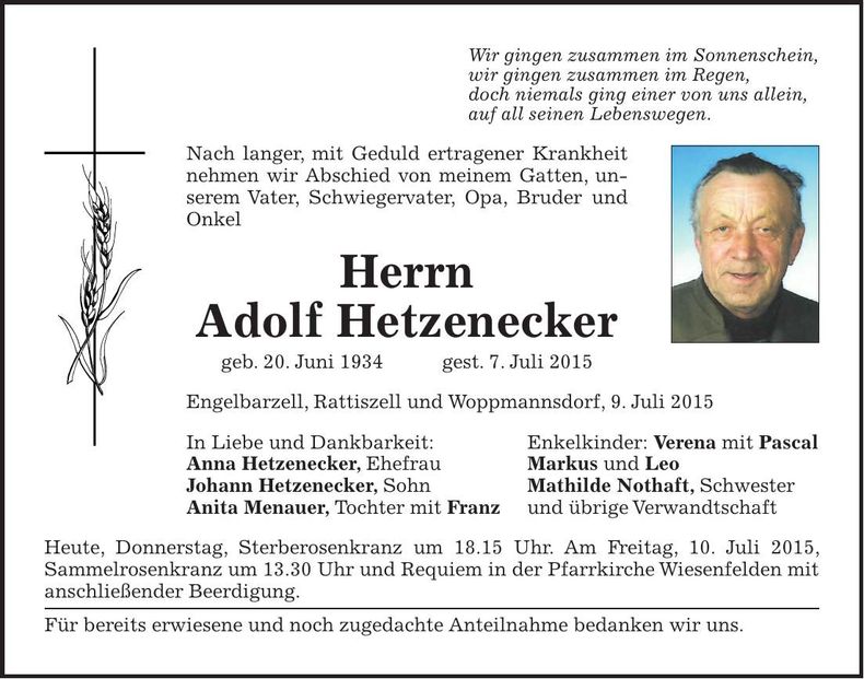 Traueranzeige Adolf Hetzenecker