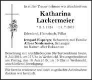 Traueranzeige Katharina Lackermeier