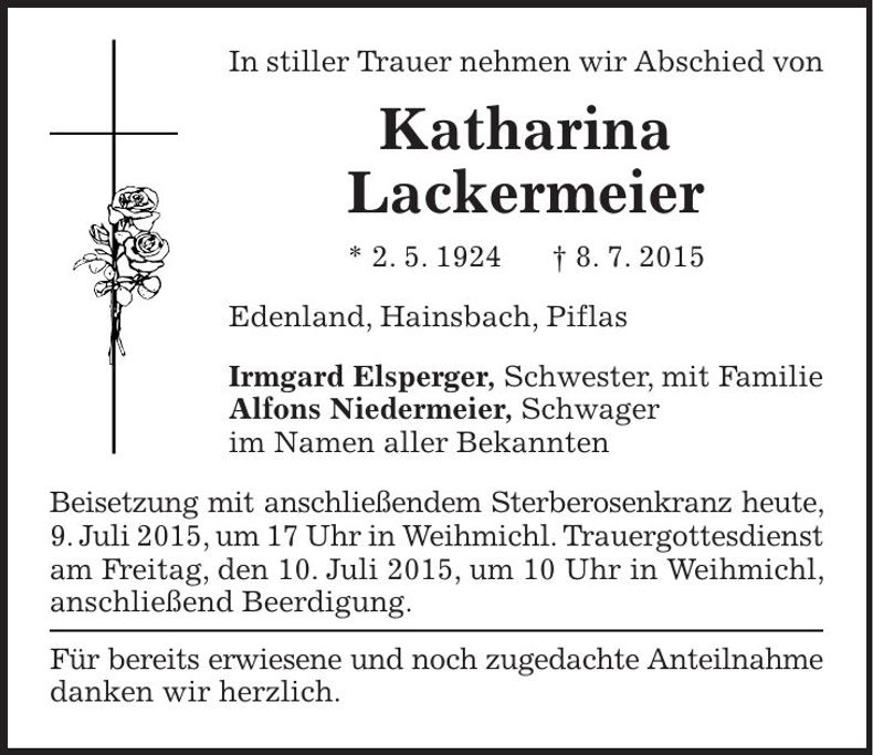 Traueranzeige Katharina Lackermeier
