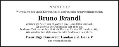 Traueranzeige Bruno Brandl