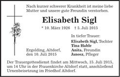 Traueranzeige Elisabeth Sigl