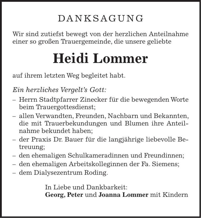 Traueranzeige Heidi Lommer