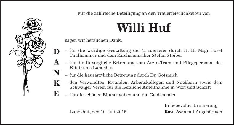 Traueranzeige Willi Huf