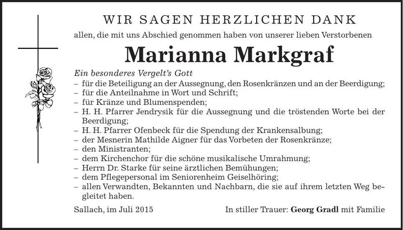 Traueranzeige Marianna Markgraf
