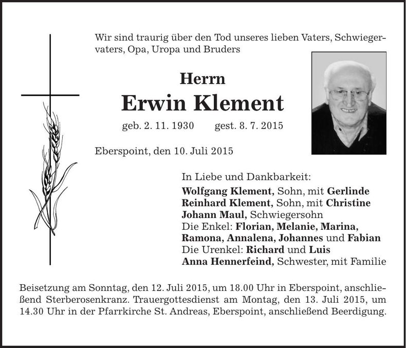 Traueranzeige Erwin Klement
