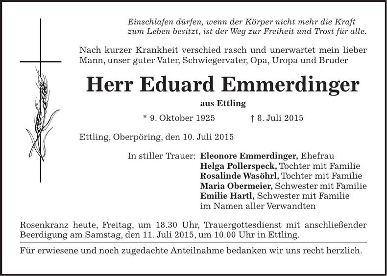 Traueranzeige Eduard Emmerdinger