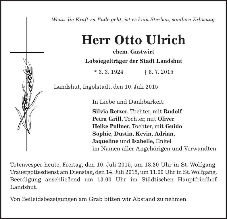 Traueranzeige Otto Ulrich
