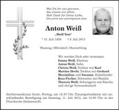 Traueranzeige Anton Weiß