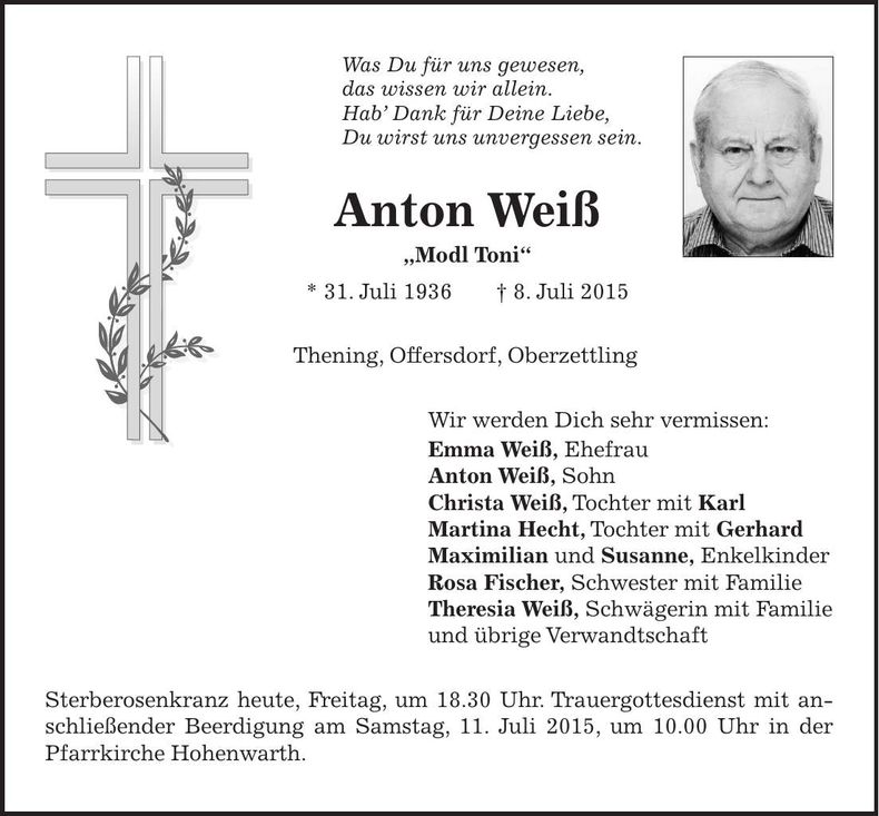 Traueranzeige Anton Weiß
