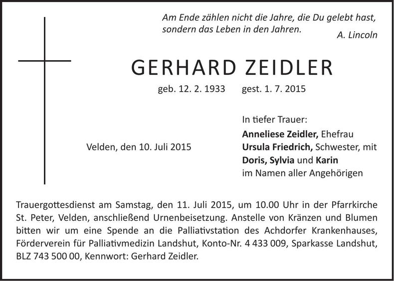 Traueranzeige Gerhard Zeidler
