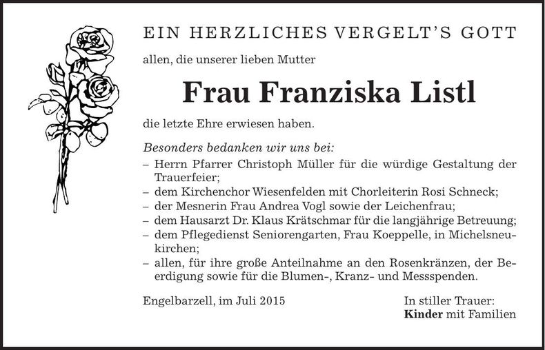 Traueranzeige Franziska Listl
