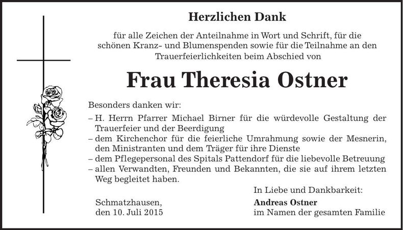 Traueranzeige Theresia Ostner