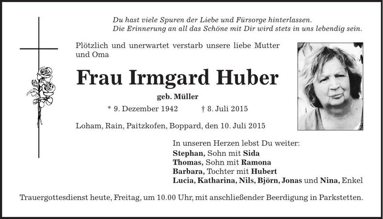 Traueranzeige Irmgard Huber