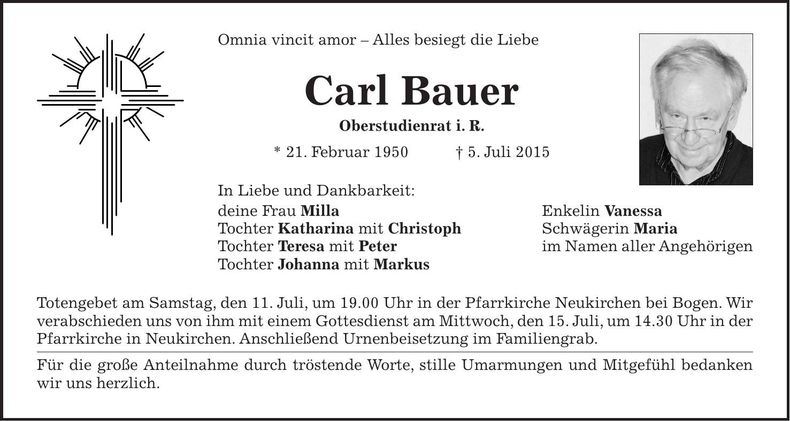 Traueranzeige Carl Bauer