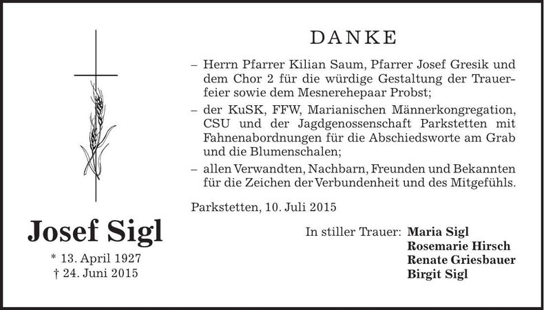 Traueranzeige Josef Sigl