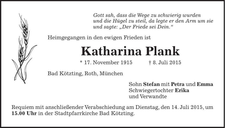 Traueranzeige Katharina Plank