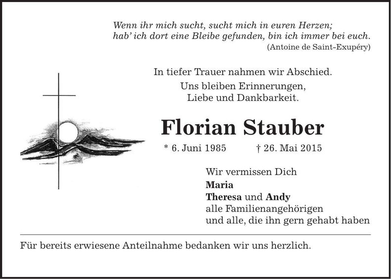 Traueranzeige Florian Strauber