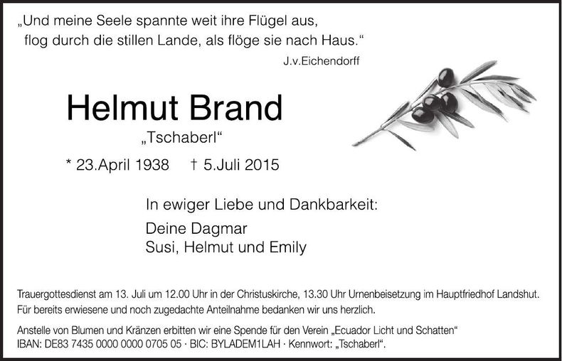 Traueranzeige Helmut Brand
