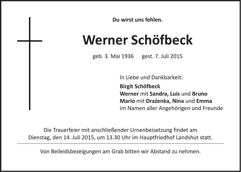 Traueranzeige Werner Schöfbeck