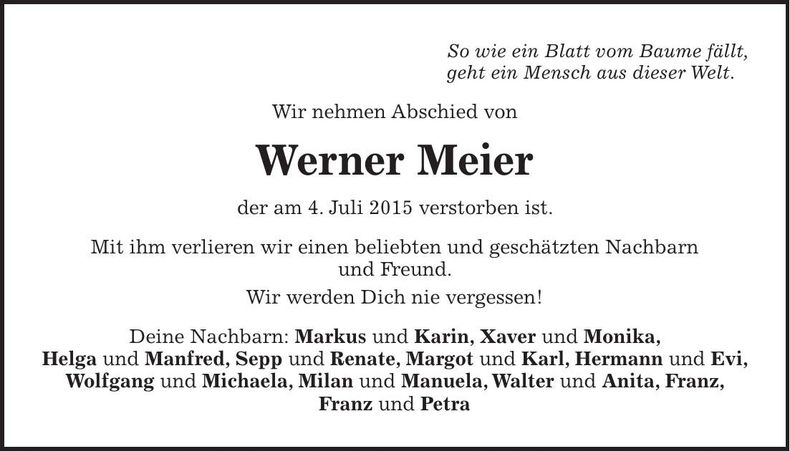 Traueranzeige Werner Meier