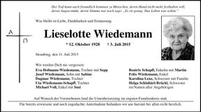 Traueranzeige Lieselotte Wiedemann