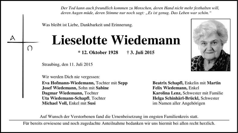 Traueranzeige Lieselotte Wiedemann