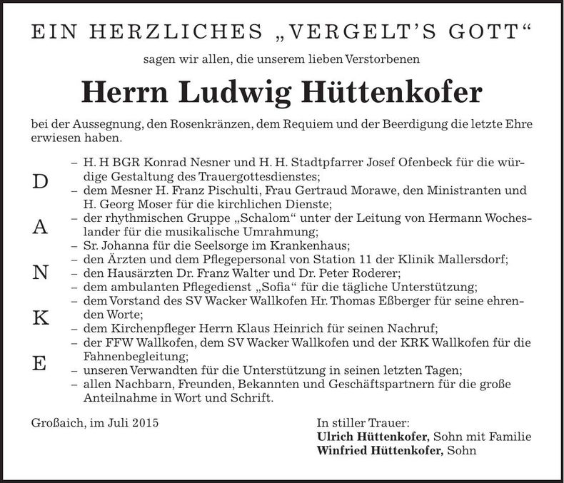 Traueranzeige Ludwig Hüttenkofer