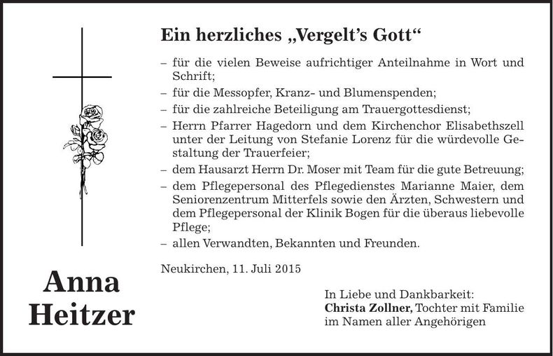 Traueranzeige Anna Heizer