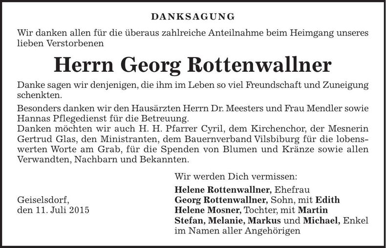 Traueranzeige Georg Rottenwallner