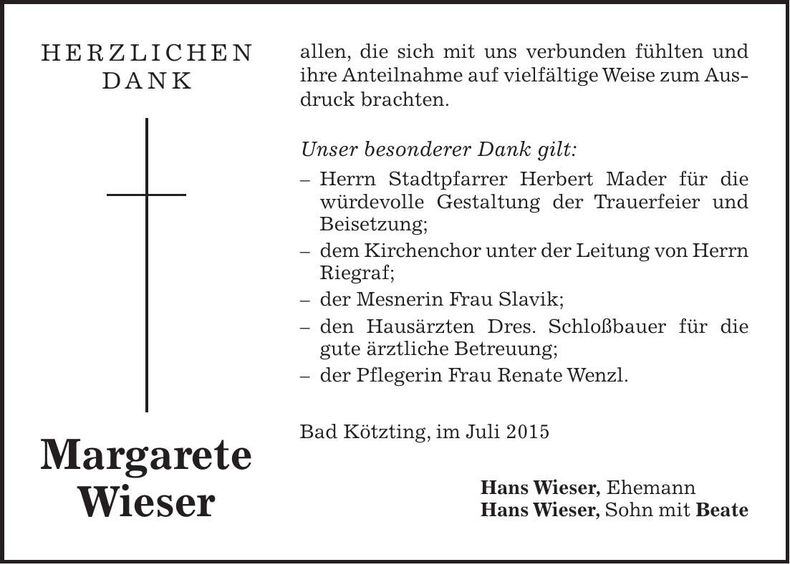Traueranzeige Margarete Wieser