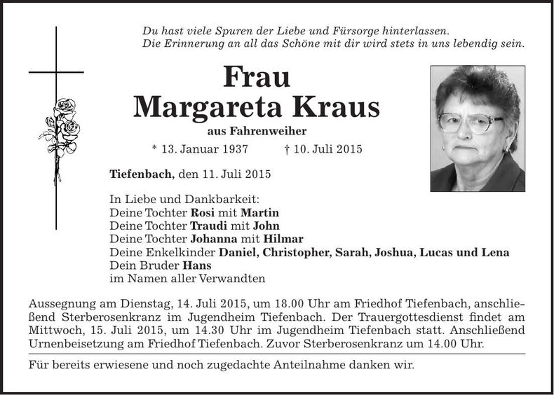 Traueranzeige Margareta Kraus