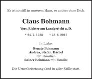 Traueranzeige Claus Bohmann