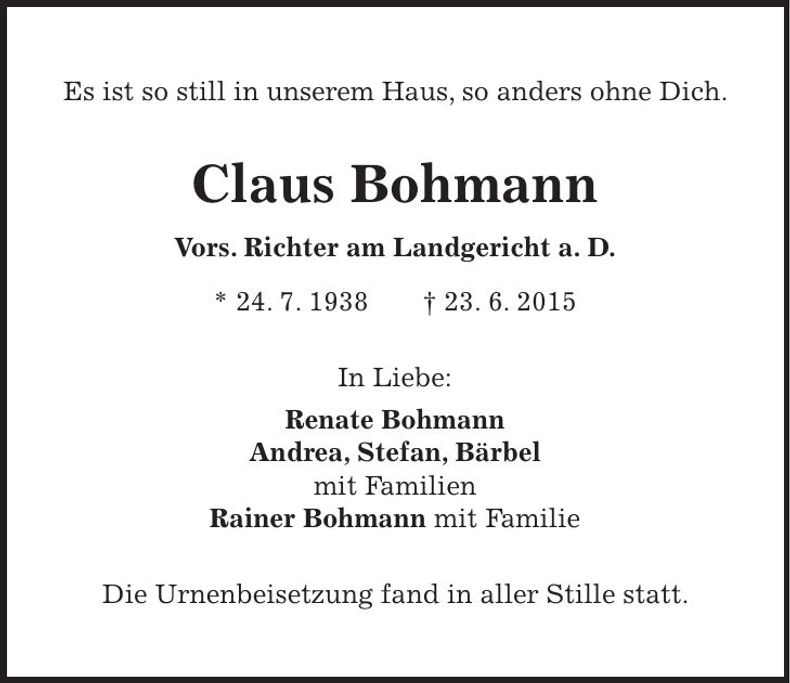 Traueranzeige Claus Bohmann