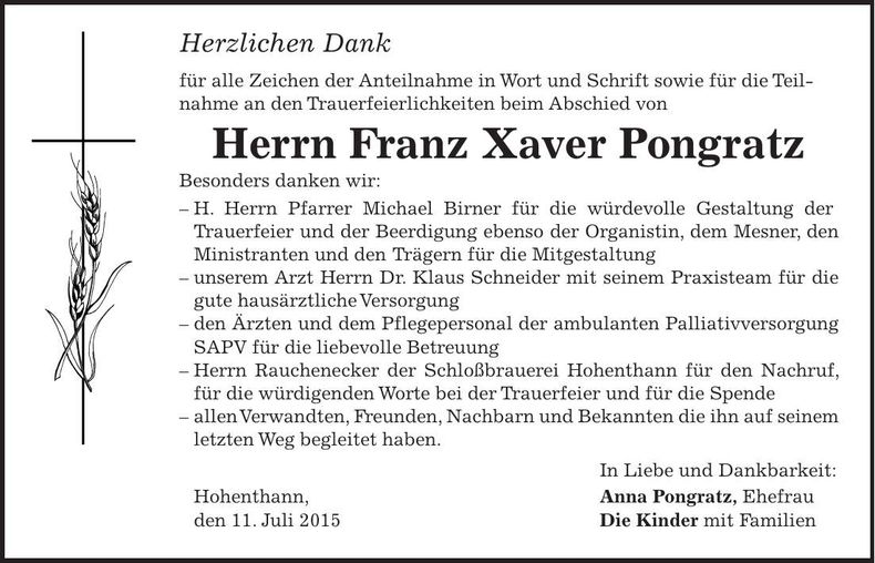 Traueranzeige Franz Xaver Pongratz