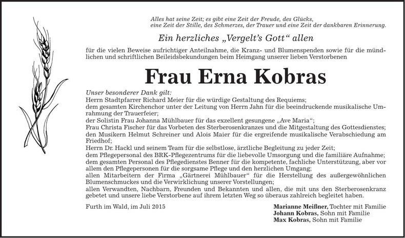 Traueranzeige Erna Kobras