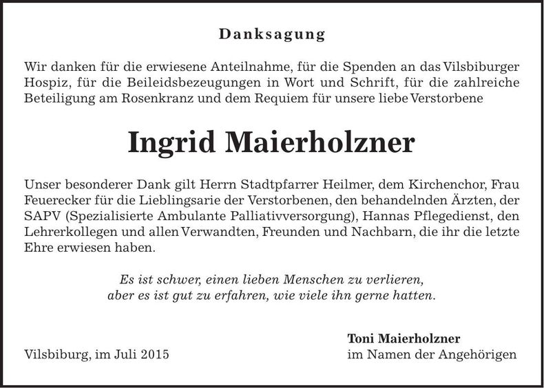 Traueranzeige Ingrid Maierholzner